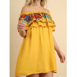 Umgee Mango Embroidered Ruffle Off Shoulder Dress